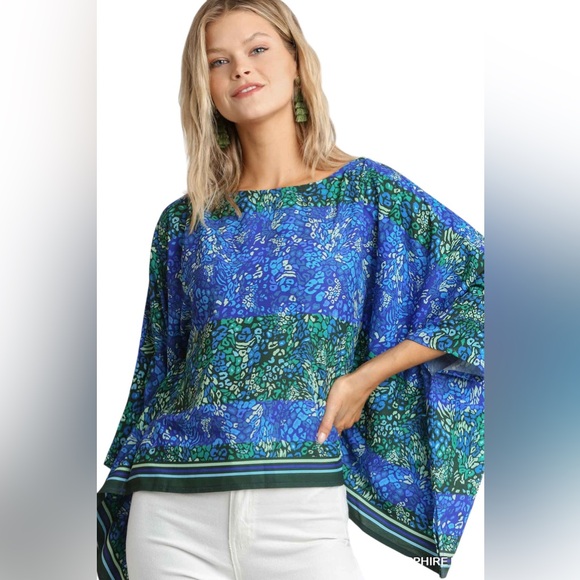 WILD BOTANICA SAPPHIRE PRINT KIMOMO  BOAT NECK TOP - Picture 1 of 6